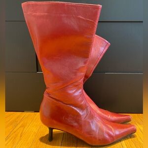 Red leather kitten heel booties